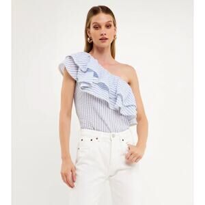 ENDLESS ROSE Blue White Striped One Shoulder Top Ruffle trim Women's Size Medium